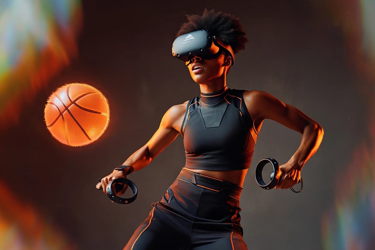 Woman in VR gear reaching for a basketball